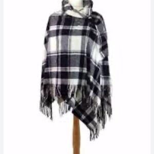 Plaid Black and White Poncho with hood and toggle closure